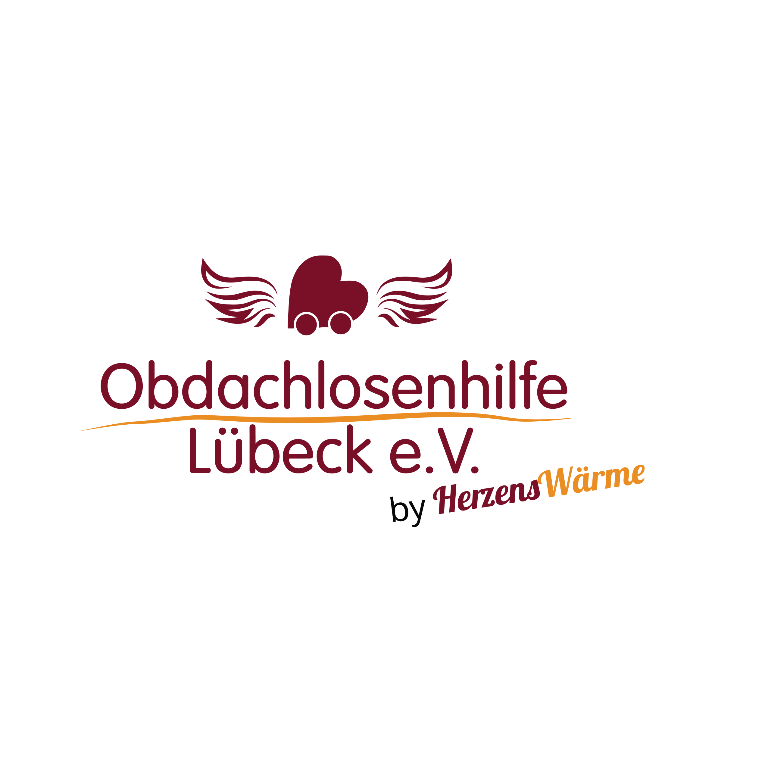 Logo der Obdachlosenhilfe Lübeck Herzenswärmebus, Oben in dunklem Rot befindet sich ein Herz mit Flügeln und Rädern unten, darunter steht in Rot "Obdachlosenhilfe Lübeck e. V. by Herzenswärme"