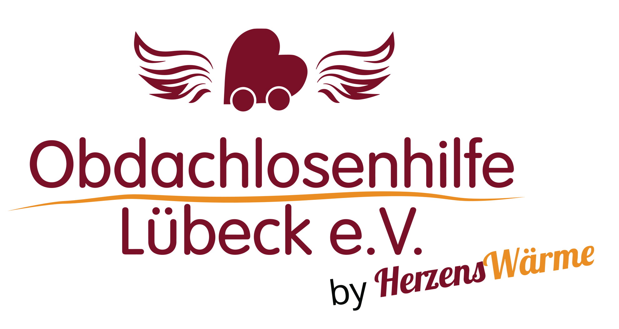 Logo der Obdachlosenhilfe Lübeck Herzenswärmebus, Oben in dunklem Rot befindet sich ein Herz mit Flügeln und Rädern unten, darunter steht in Rot "Obdachlosenhilfe Lübeck e. V. by Herzenswärme"